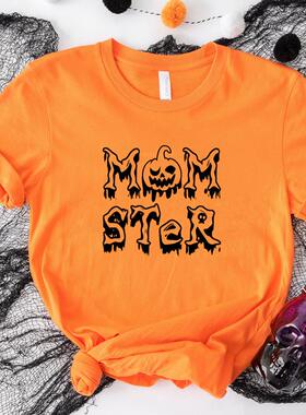 monster halloween t shirt women万圣节南瓜衫橙色纯棉T恤上衣女