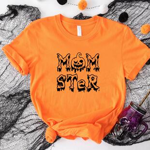 monster halloween t shirt women万圣节南瓜衫橙色纯棉T恤上衣女