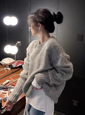 FL222809灰色毛衣女冬季设计感小众慵懒风软糯打底针织毛衣