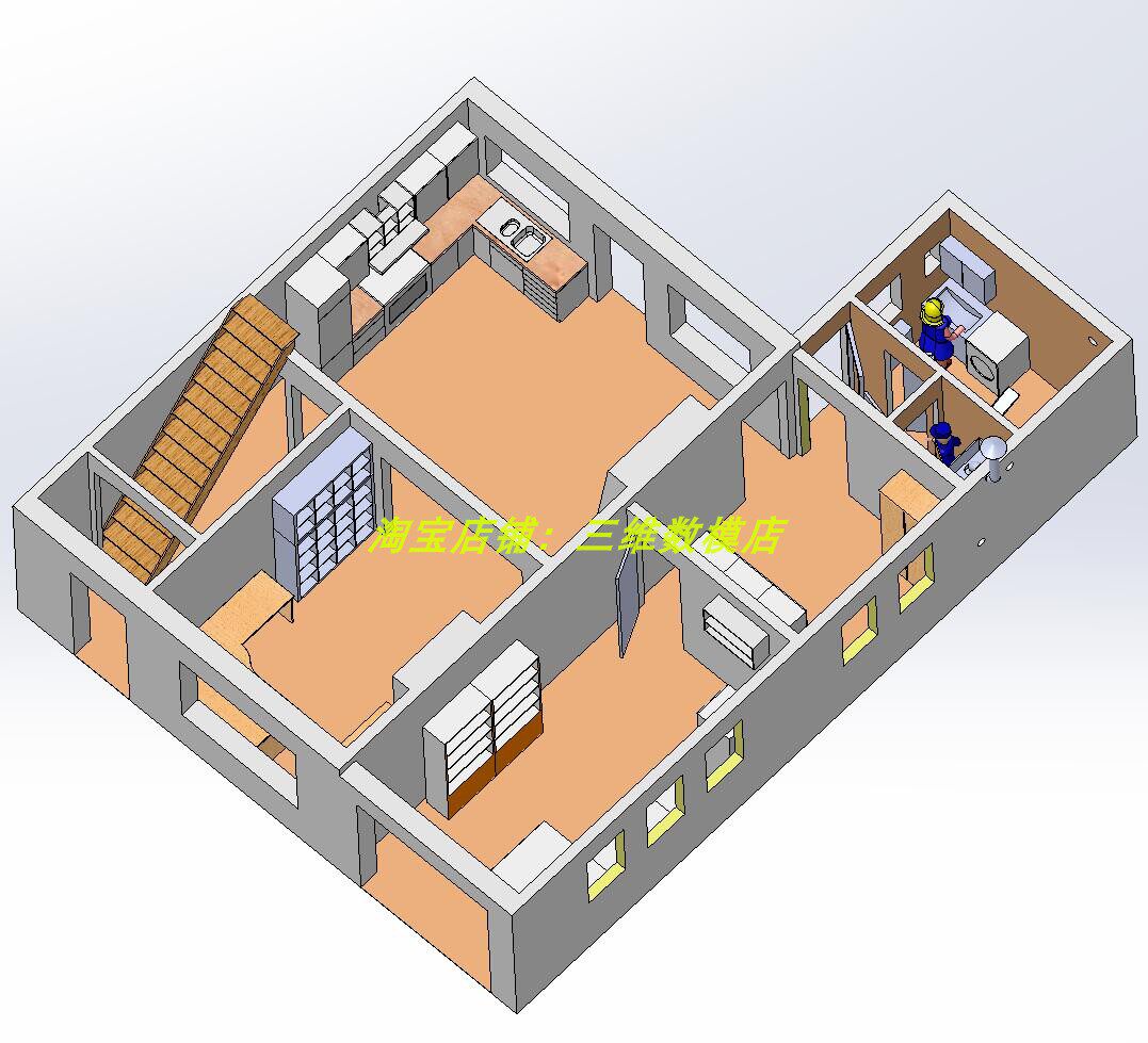 房屋住宅3d三维几何数模型solidworks马桶卫生间书厨房餐客厅假人