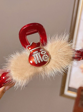 高级感新款发夹后脑勺盘发鲨鱼夹发卡发饰新年红色毛绒珍珠抓夹