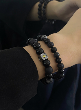 暗黑风黑色串珠个性手链男