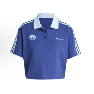 女款 adidas Polo衫 纯色运动条纹拼接宽松短款 深蓝L47 短袖