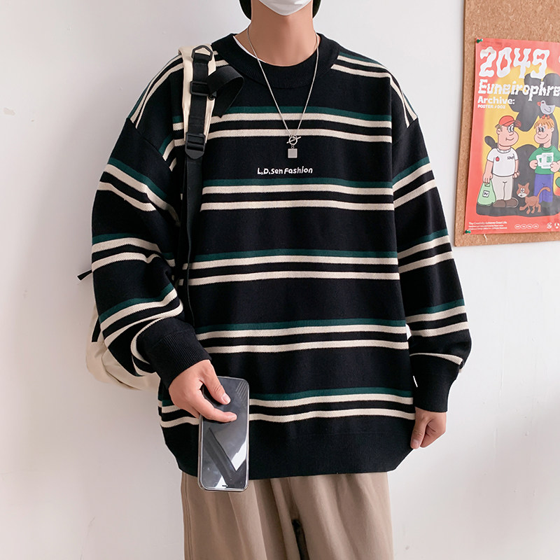 抖音品质！港风潮流ins宽松条纹毛衣男潮大码休闲针织衫M0316-P75,男装针织衫/毛衣,电商B295