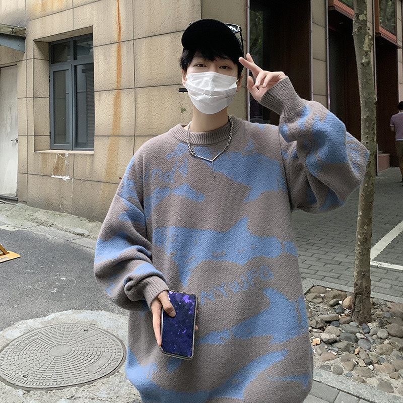 秋冬新款港风潮流提花印花圆领毛衣男宽松休闲百搭针织衫M01-P60,男装针织衫/毛衣,电商B295
