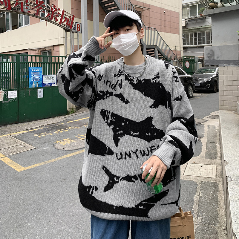 秋冬新款港风潮流提花印花圆领毛衣男宽松休闲百搭针织衫M01-P60,男装针织衫/毛衣,电商B295