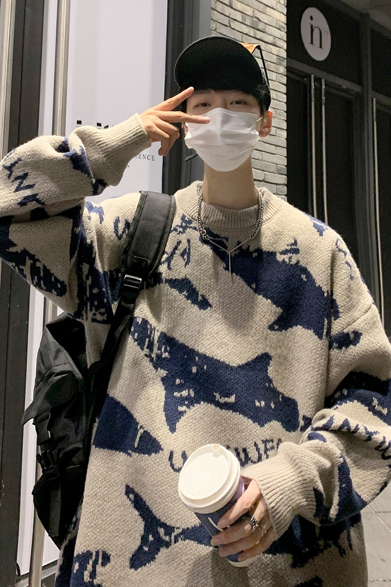 秋冬新款港风潮流提花印花圆领毛衣男宽松休闲百搭针织衫M01-P60,男装针织衫/毛衣,电商B295