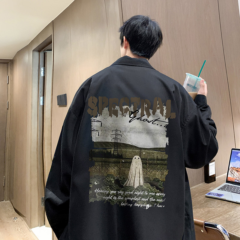 港风秋季宽松长袖衬衫男士百搭休闲潮流印花韩版上衣男CS2333-P45图片