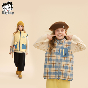 贝蒂女童毛毛衣马甲外套2026年秋冬新款儿童中大童格纹双面穿上衣