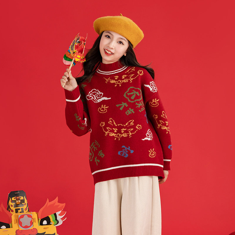 贝蒂女童半高领加绒圣诞红色拜年毛衣2026新款冬季儿童新年针织衫