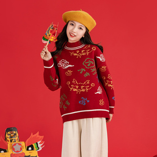贝蒂女童半高领加绒圣诞红色拜年毛衣2026新款冬季儿童新年针织衫