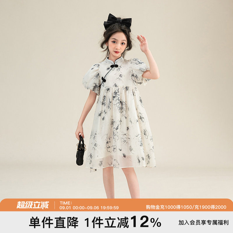 女童夏款改良旗袍泡泡袖连衣裙图片
