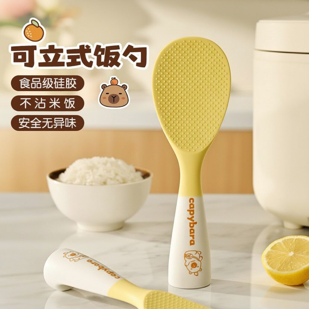 日本可立式矽胶饭匙饭铲饭食品级勺子饭电饭锅站立家用勺子
