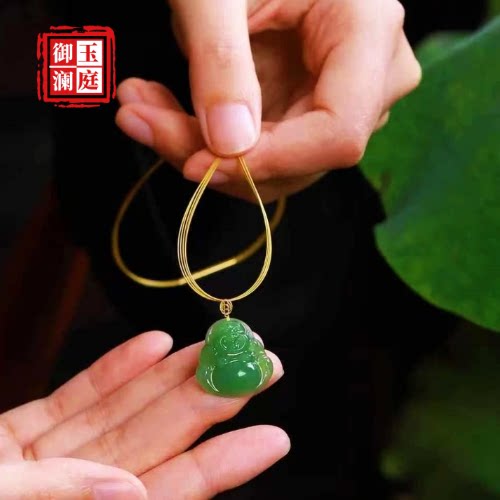 和田玉碧玉佛公18K金吊坠带证