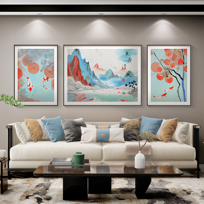 中国红锦鲤大气高端客厅挂画山水画沙发背景墙装饰画中式柿子壁画