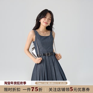 JOCO CHIC米灰杏方领吊带百褶连衣裙女夏修身a字学院风短款背心裙