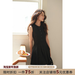JOCO CHIC 黑色气质无袖纽扣背心连衣裙女夏季简约显瘦收腰百褶裙