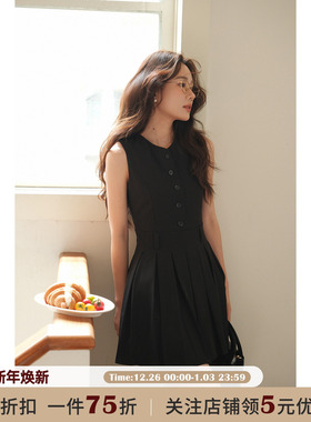 JOCO CHIC 黑色气质无袖纽扣背心连衣裙女夏季简约显瘦收腰百褶裙