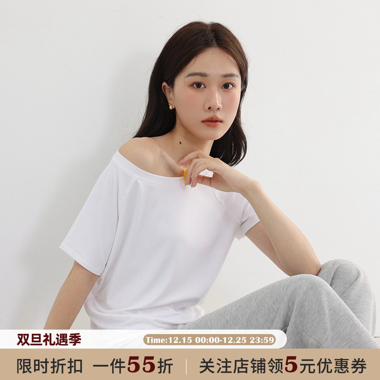 JOCOCHIC白色斜肩短袖T恤