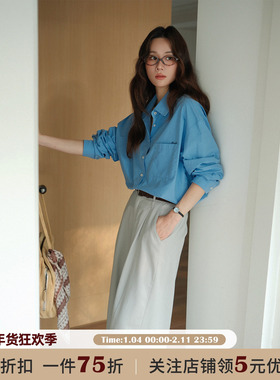 JOCO CHIC 蓝色韩版简约口袋长袖衬衫女秋薄款宽松高级感翻领上衣