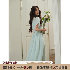 JOCO CHIC绿色韩版修身褶皱收腰连衣裙女夏季宽松显瘦a字短袖长裙