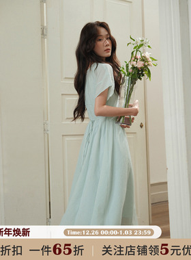 JOCO CHIC绿色韩版修身褶皱收腰连衣裙女夏季宽松显瘦a字短袖长裙