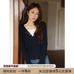 JOCO CHIC藏青色坑条V领长袖毛针织衫女2025冬季修身百搭打底上衣