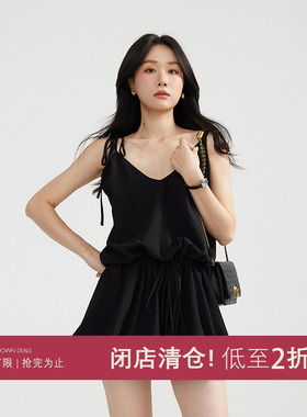 JOCO CHIC 黑色法式V领高腰吊带连衣裙女夏宽松a字设计感小众短裙