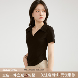 显瘦下摆圆弧上衣 JOCO CHIC黑色polo领短袖 正肩T恤女2025夏季 修身