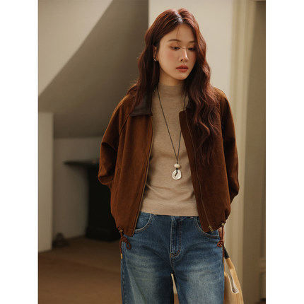 JOCO CHIC 咖色美式复古拉链夹克外套女2025秋季宽松百搭翻领外套