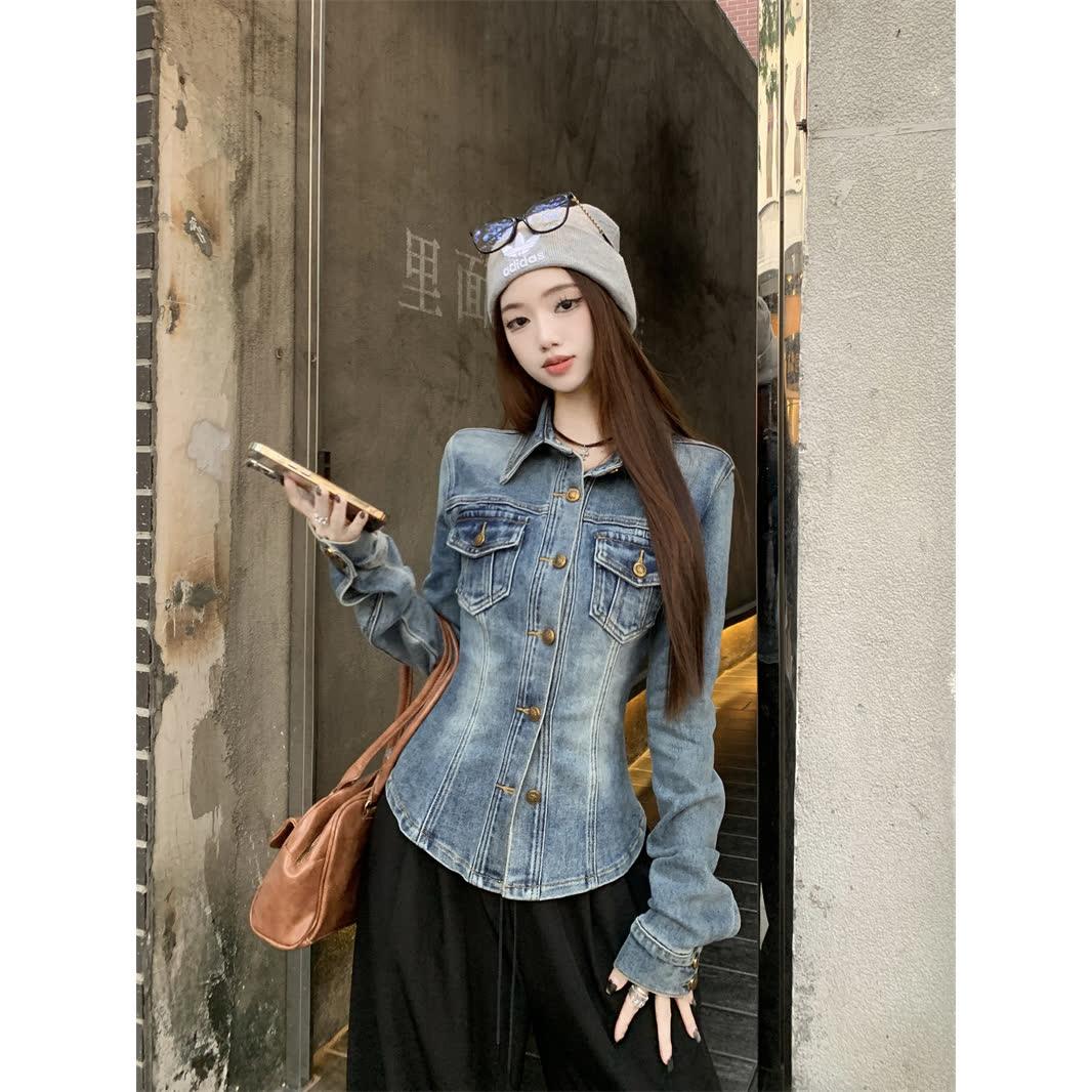 复古牛仔长袖开衫衬衫外套女修身