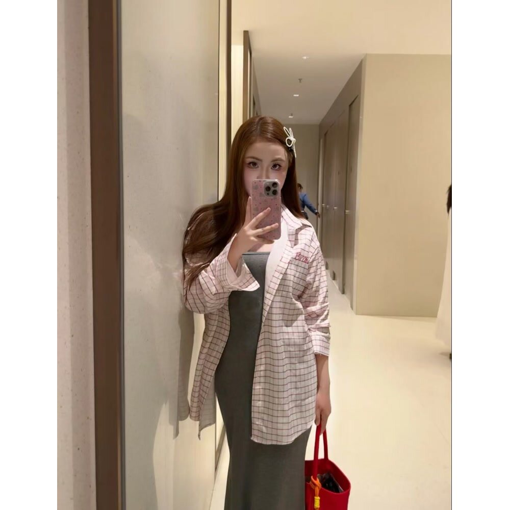 春夏粉色格子Polo领防晒衬衫女