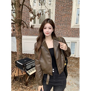 短款 显瘦皮衣气质翻领小个子PU皮显瘦百搭夹克 皮衣外套女春秋时尚