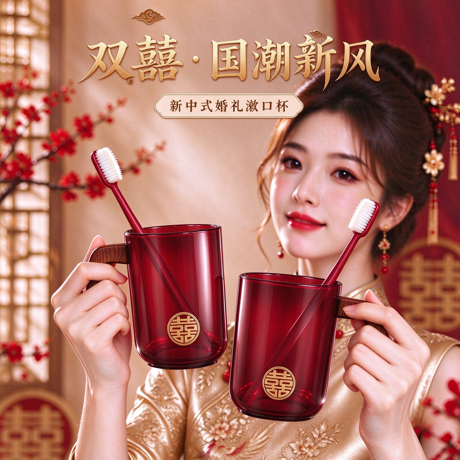 新中式结婚洗漱杯一对红色双喜婚庆漱口杯新年好运情侣塑料刷牙杯