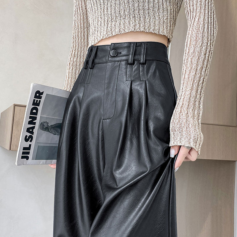 黑色高腰阔腿皮裤女2025年秋冬季新款宽松显瘦垂感直筒拖地休闲裤