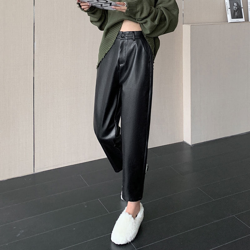 宽松哈伦皮裤女2025年春秋季新款高腰显瘦九分直筒西装裤休闲裤子