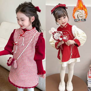 喜庆红中国风女童加绒连衣裙冬季公主裙