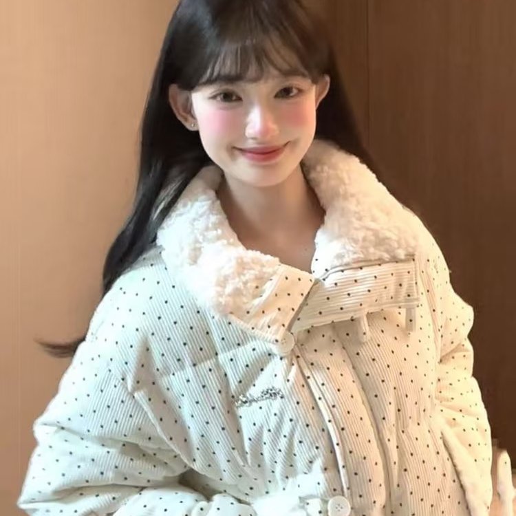 韩系甜美风波点毛领羽绒棉服外套女秋冬季宽松加厚保暖短款面包服