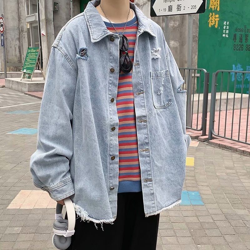 春秋款ins复古破洞美式牛仔外套男韩版潮流学生宽松百搭帅气夹克,男装,牛仔外套,淘宝优惠券,粉丝福利购,淘宝优惠卷
