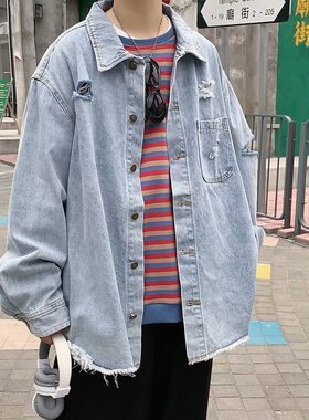 春秋破洞美式宽松牛仔外套男