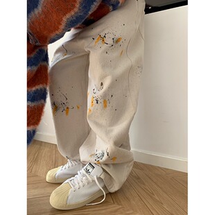 设计感百搭直筒裤子潮高街复古vibe白色阔腿水洗牛仔裤男泼墨小众