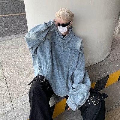 高街宽松帅气夹克衫美式水洗复古情侣装牛仔卫衣连帽外套男士潮牌