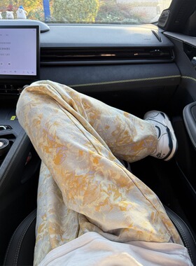 黄色扎染提花微喇牛仔裤男生ootd穿搭美式直筒裤子做旧柳叶弯刀裤