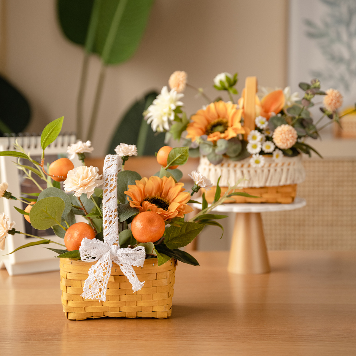 向日葵玫瑰手提花篮桌面干花花艺礼品装饰客厅商店仿真花假花套装