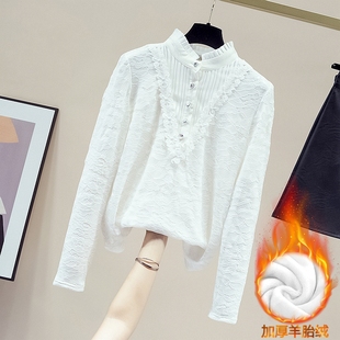 韩国白色加绒加厚蕾丝打底衫 半高领保暖内搭上衣 女秋冬设计感衬衫