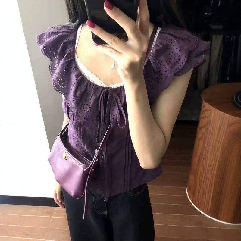 荷叶边提花刺绣紫色衬衫女夏季设计感小众韩系别致穿搭小飞袖上衣