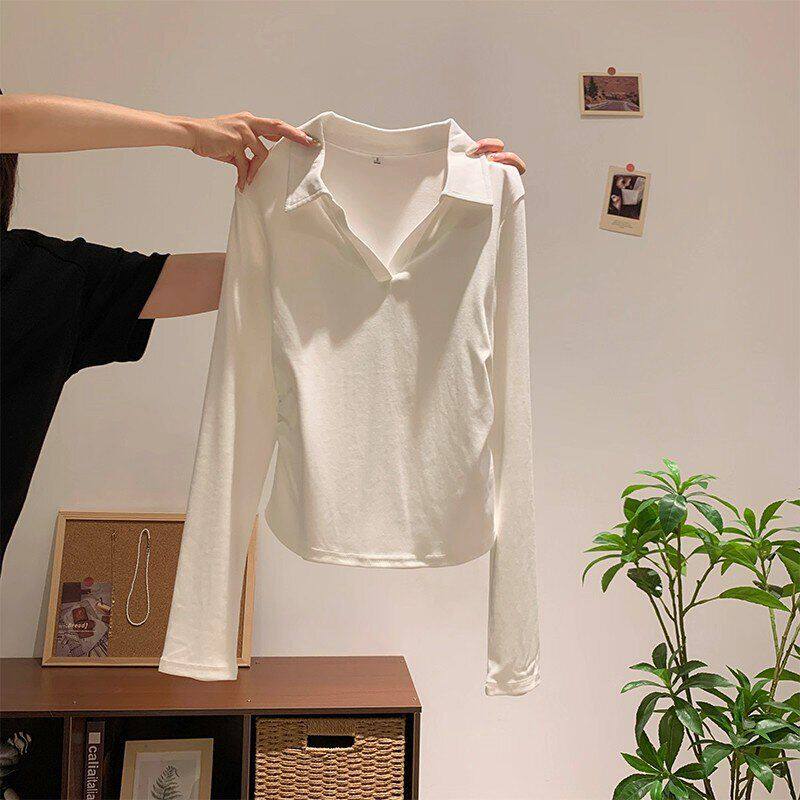 Polo翻领打底衫长袖女T恤秋冬新款正肩褶皱收腰小个子内搭短上衣