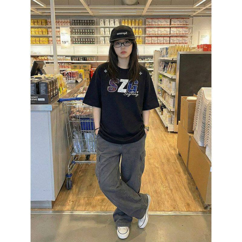 2026新款美式复古重磅时尚字母刺绣短袖T恤男女宽松圆领黑色体恤