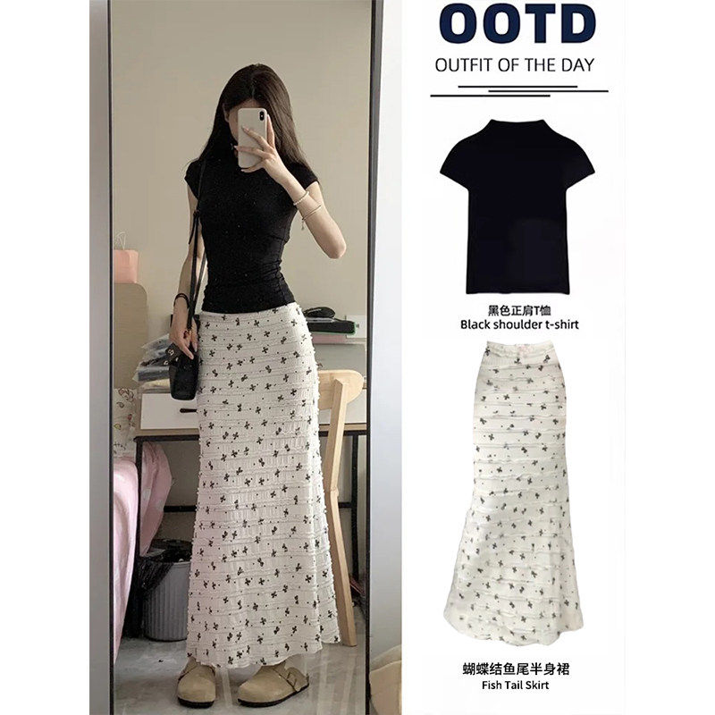 白色碎花鱼尾半身裙女夏季小个子漂亮气质长版a字包臀长裙子穿搭