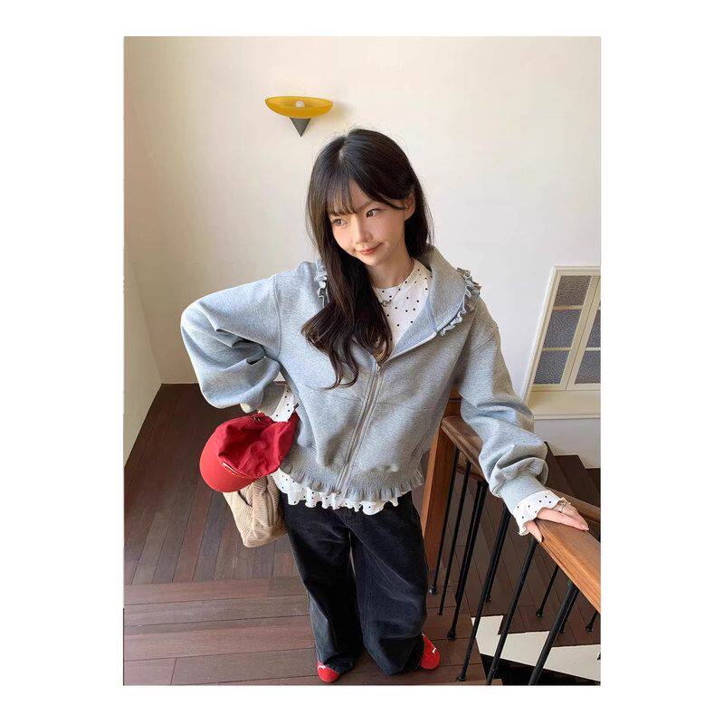 慵懒灰色粉色拉链连帽卫衣外套女宽松木耳边长袖帽衫上衣潮